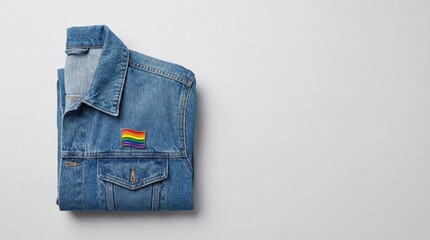 Folded denim jacket with Progress Pride flag pin for inclusive branding use.
