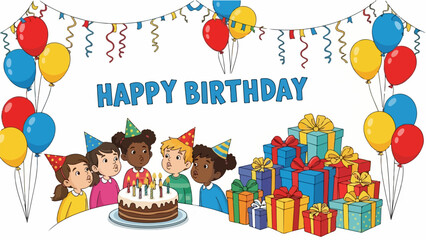 Children Blowing Out Candles on a Birthday Cake Surrounded by Gifts and Balloons