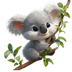 Cute baby koala hugging branch cartoon on transparent background