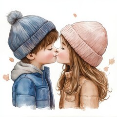 A cartoon of two children kissing, surrounded by hearts. The image has a romantic and playful mood.