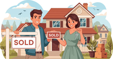 Happy Couple Holding Keys in Front of New House with Moving Boxes