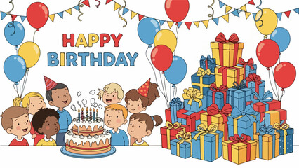 Children Blowing Out Candles on a Birthday Cake Surrounded by Gifts and Balloons