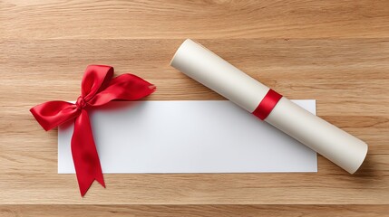 A rolled certificate tied with a red ribbon rests on a wooden surface beside a blank card, conveying a festive or celebratory theme.