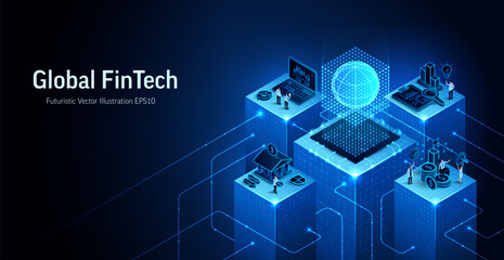 Global Fintech business finance 3D isometric vector illustration. Bank, money flow, charts. Data analysis technology concept. Online payment, investment, AI platform, market growth digital background