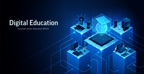 Education technology 3D isometric vector illustration. Digital school, students and online learning system concept. E-learning abstract background. University, AI, business presentation growth banner