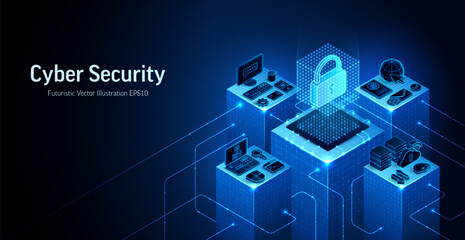 Cybersecurity technology 3D isometric vector illustration. Digital lock shield and secure network data protect concept. Online privacy abstract blue background. Security system, cyber fraud prevention