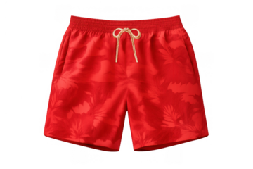 Red swim shorts with tropical leaf pattern, elastic waist, and gold drawstring against transparent background
