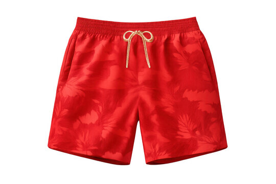 Red swim shorts with tropical leaf pattern, elastic waist, and gold drawstring against transparent background