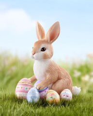 A cute bunny sits in a grassy field surrounded by colorful Easter eggs, embodying the festive spirit of spring.