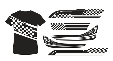 Graphic design set of dynamic racing stripes and checkered flag decals for vehicles, apparel, and t-shirts on white background.