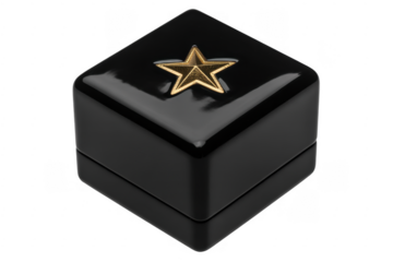 Black box with gold star decoration gift box luxury isolated on a transparent background