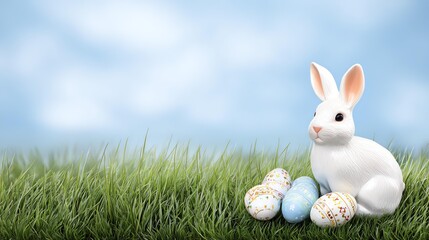 A cute white rabbit sits on green grass beside colorful Easter eggs under a bright blue sky.