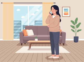smiling young woman in a beige sweater stands in a cozy, bright living room, talking on her smartphone.