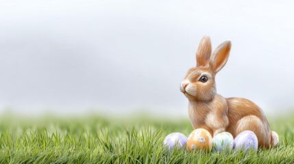 A cute rabbit sits on green grass surrounded by colorful Easter eggs, creating a cheerful springtime scene.