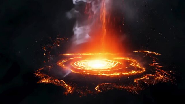 Circular pool of molten lava fire on the ground with thick black smoke rising, resembling a hell portal.