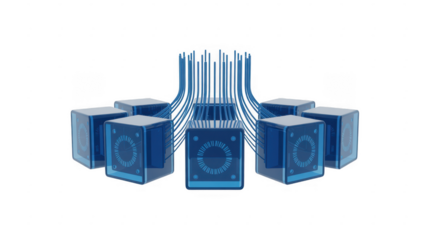 Blue 3D cubes with circuit boards and wires isolated on a transparent background