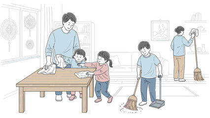 Fototapeta premium Family cleaning together in modern home with children helping parents, Generative AI.