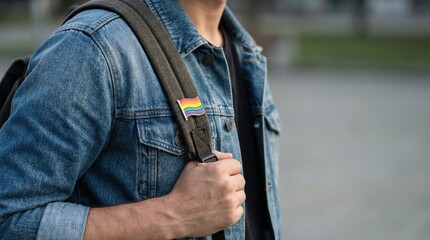 Denim jacket with rainbow pride pin on backpack strap for inclusion campaigns.