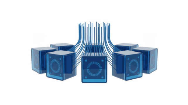 Blue 3D cubes with circuit boards and wires isolated on a transparent background - Powered by Adobe