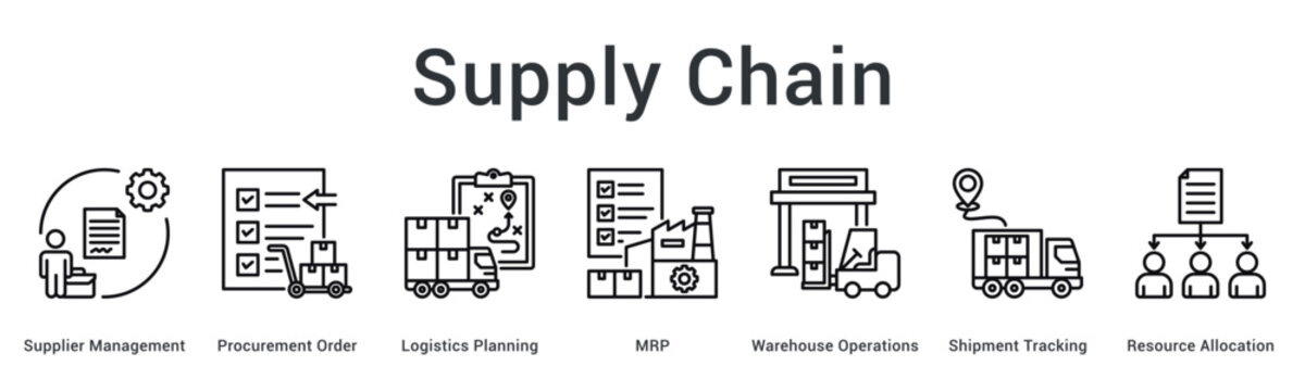 Supply chain banner web icon coordinates supplier procurement logistics planning and resource allocation systematically.