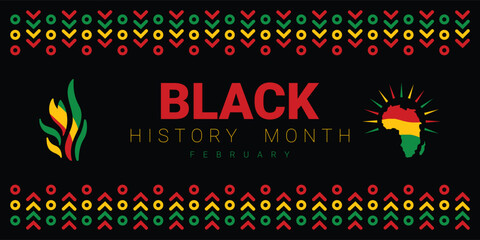 Black History Month February Celebration with African Pattern and Africa Map with Black Background || February Black History Month Design Featuring Pan-African Colors and Africa Silhouette || Vector