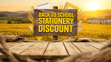 Back to School Stationery Discount Sign on Wooden Table with Golden Field Background.