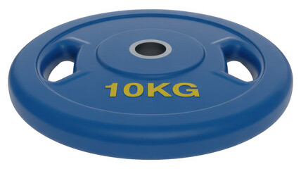 Blue 10kg weight plate with yellow text fitness isolated on a transparent background