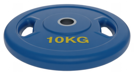 Blue 10kg weight plate with yellow text fitness isolated on a transparent background