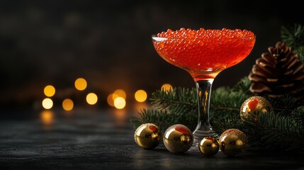Red caviar served in a glass with festive Christmas decorations, pine branches and golden ornaments, symbolizing luxury food, New Year celebration, holiday dining and elegance