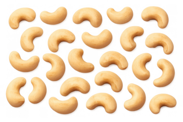 Cashew nuts scattering on a transparent background, depicting a healthy and organic snack rich in protein for vegan diets