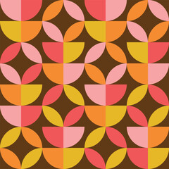 Mid century abstract semi circles and shapes in orange, yellow, pink and red seamless pattern on brown background. For wallpaper, retro backgrounds, home  decor and fabric 