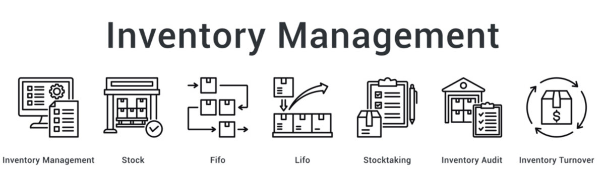 Inventory management banner web icon showing stock control methods including FIFO, LIFO, and audit processes.