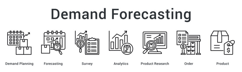 Demand forecasting banner web icon utilizing surveys and analytics for product research and order planning.