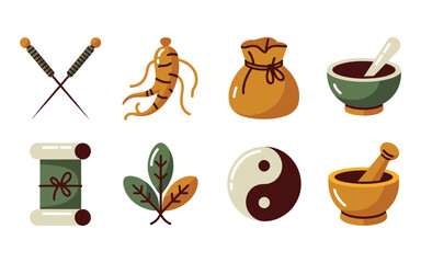 Herbal remedy workshop icons, calligraphy brush, sachet bag, mortar bowl, tea cup, wellness day event, spa therapy session graphics vector