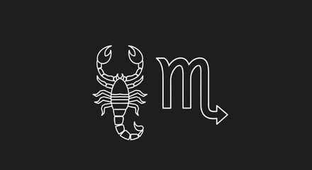Scorpio zodiac sign represented by a white line art scorpion and its corresponding astrological glyph on a solid black background.