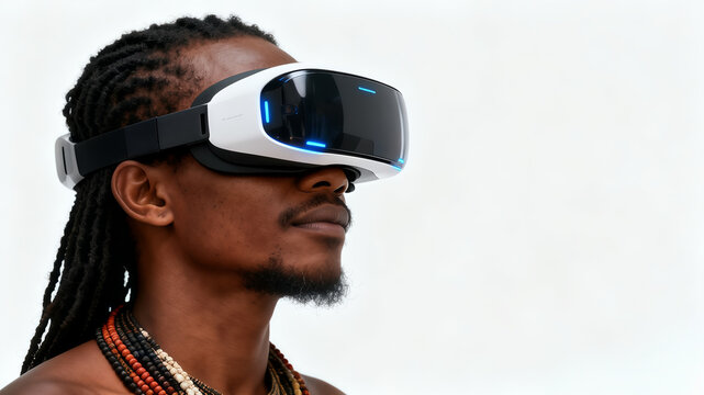 African man with dreadlocks wearing a futuristic VR headset against a white background. - Powered by Adobe