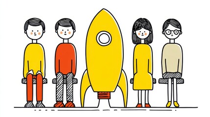 Pixel Art Style Startup Team Launching Yellow Rocket on White Background