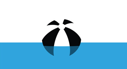 Minimalist graphic of a black and white beach ball silhouette floating on calm blue water, evoking a sense of summer vacation.