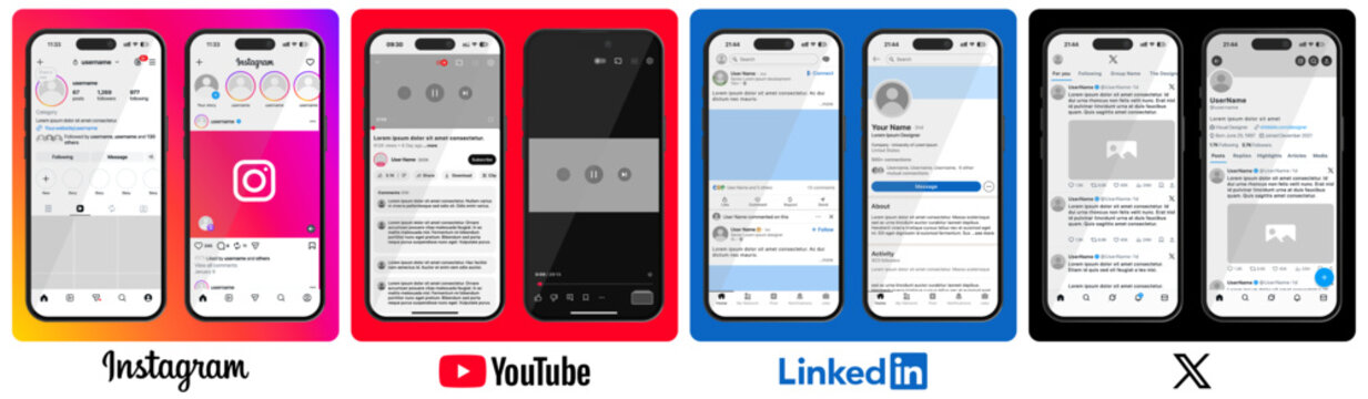 Instagram, YouTube, LinkedIn, and X (formerly Twitter) UI mockup template with modern app screens, feed and profile layouts, clean vector design, and official logos for mobile UI UX presentations.