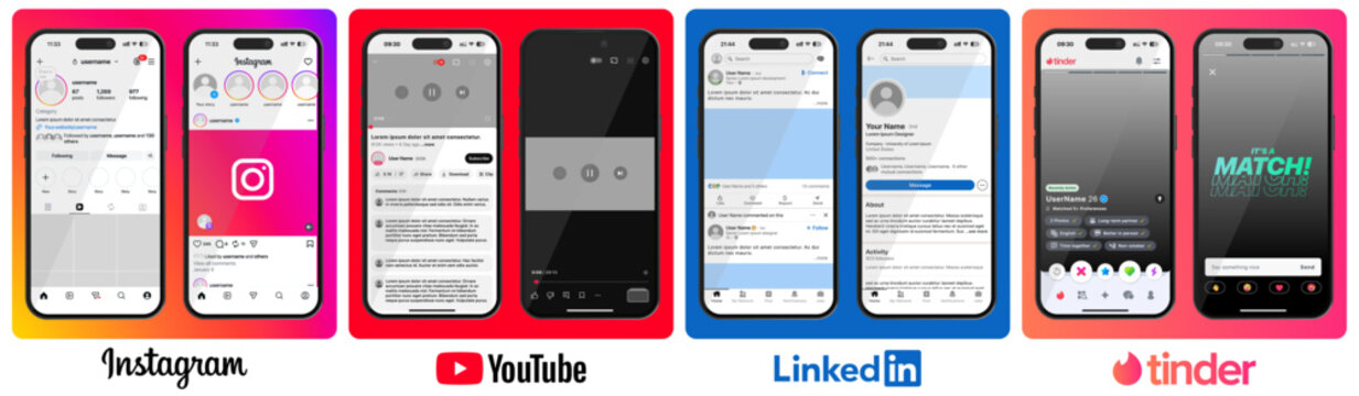 Instagram, YouTube, LinkedIn, and Tinder UI mockup template with modern app screens, swipe cards, clean vector layouts, and official logos, ideal for mobile UI UX presentations.