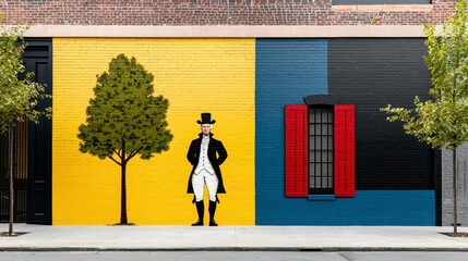 Pixelated Historical Figure Mural with Tree and Window on Textured Brick Wall
