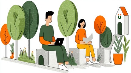 Pixelated Illustration of a Couple Relaxing on a Bench in a Serene Green Park Setting
