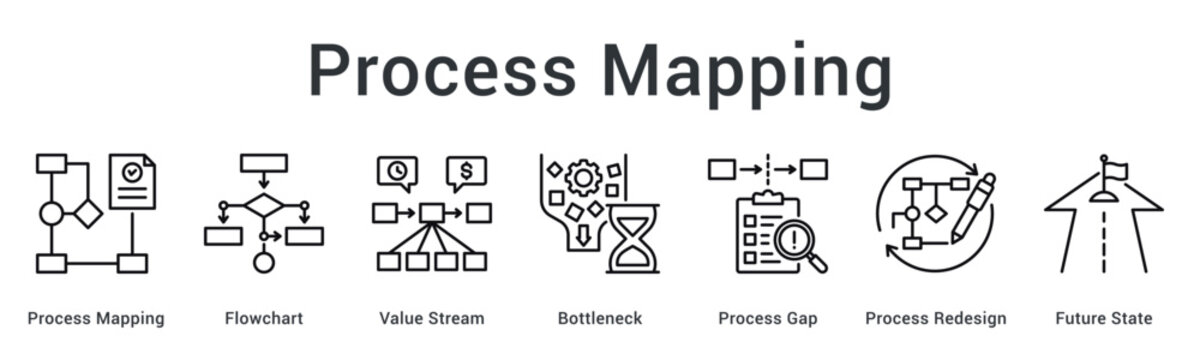 Process Mapping banner web icon visualizes workflow through flowcharts identifying bottlenecks and gaps for redesign.