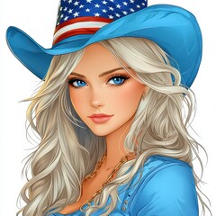 Platinum Blonde Woman in Blue Cowboy Hat with Stars