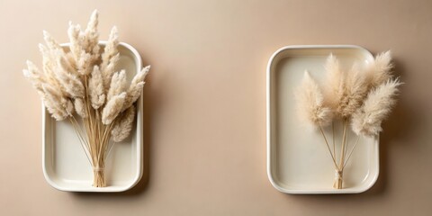 Creamy neutral pampas grass arrangements in minimalist trays on a beige background showcasing simple elegance and natural textures.