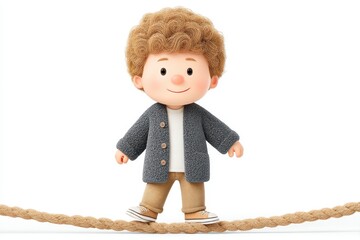 Playful 3D Rendered Boy Balancing on Rope