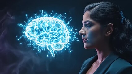A woman contemplating a luminous, active brain, symbolizing the fusion of human intellect with advanced technology and the vast potential of neuroscience in shaping our future