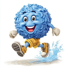 Playful Blue Cartoon Character Running and Splashing Water