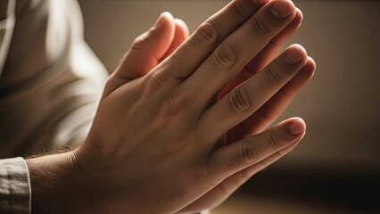 Close-up of human hands clasped together in prayer or deep contemplation, bathed in soft, warm light, conveying spirituality.