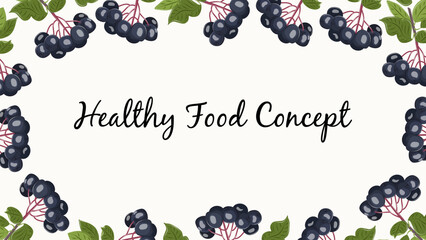 Chokeberry vector banner with dark berries and green leaves. Elegant botanical fruit frame on white background for web design, food ads, packaging and seasonal layouts.